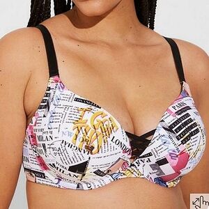 🏷️ Torrid XO Plunge Push-Up Bra In Extra Newspaper Print Black 44DDD